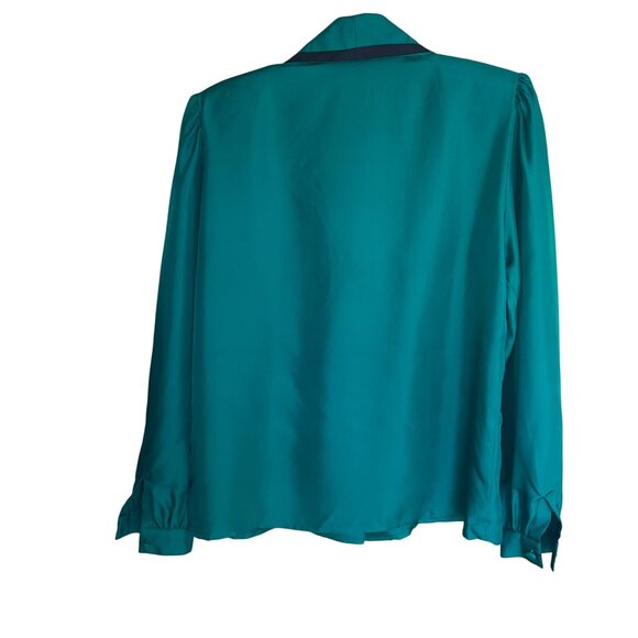 Frank Young Vintage Womens Blouse Size 10 Green Twill Collared Pure Silk - Picture 3 of 10
